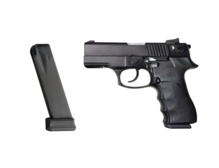 Pistol side view black with magazine in transparent background