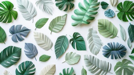 Fototapeta premium Variety of tropical green and blue leaves on white background
