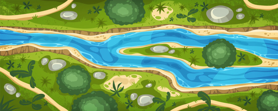 River top view vector illustration. Aerial nature sign with flowing water and surrounding terrain. Tropical nature from air. Jungle or forest outdoor environment. Map and topography. Scenic landscape.