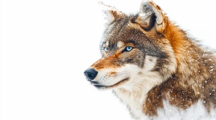 Fototapeta premium Majestic wolf, snowy winter portrait, wildlife, nature, poster