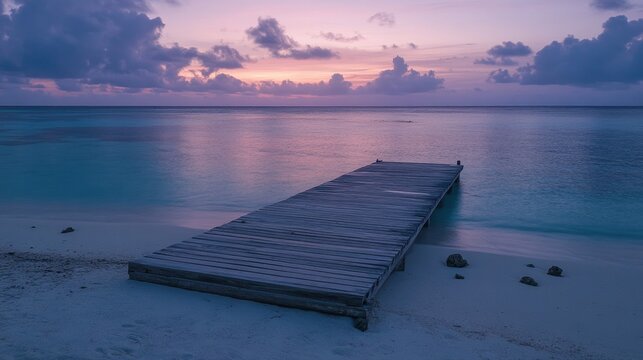 Peaceful sunset over serene ocean pier with vibrant sky and calm water. Vacation, wallpaper - Powered by Adobe