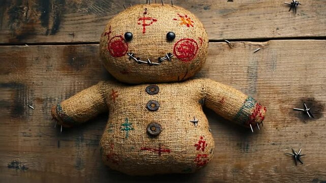 A burlap voodoo doll with buttons for eyes and pins, resting on a wooden surface.