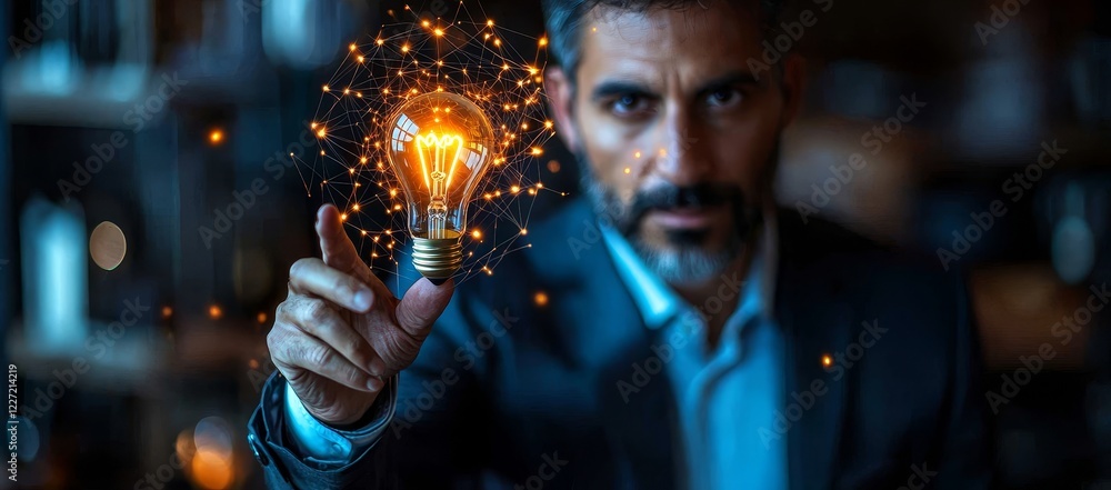 Poster ai chat bot technology concept. asian men are contemplating the arrival of stock technology or ai se