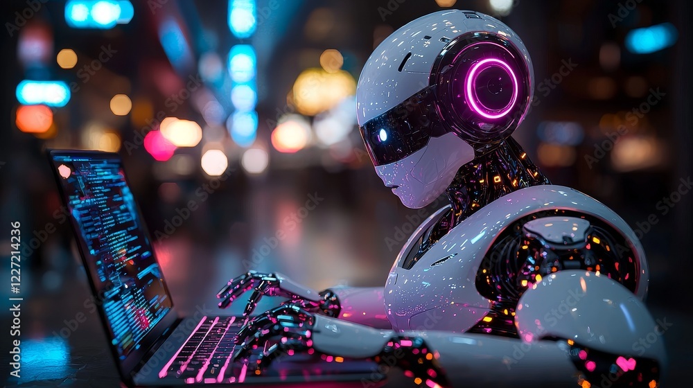 Poster a mechanical finger scrolling through a computer screen. the idea of ai taking over human-to-human d