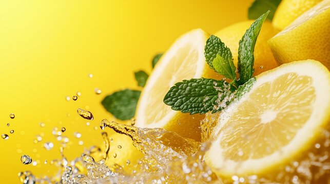 Close-up of fresh lemon slices splashing into icy water with mint leaves, surrounded by vibrant yellow tones.