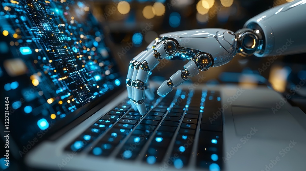 Poster a robot hand is typing on a laptop using a finger, representing stock technology in a business conte