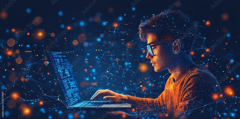 Poster an individual utilizes a computer to chat with an intelligent stock for answers on internet-based kn