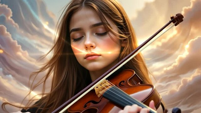 A close-up shot  young musician, her eyes closed as she lose herself in the melody of their violin.