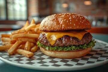 classic burger and fries sit on a retro diner table, surrounded by vintage decorations, generated using generative ai