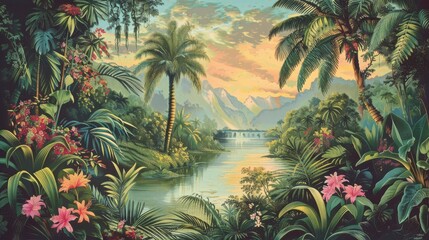 A vibrant tropical haven featuring a flowing river, lush greenery, colorful flowers, palm trees, and majestic mountains under a partly cloudy sky, capturing serene natural beauty.