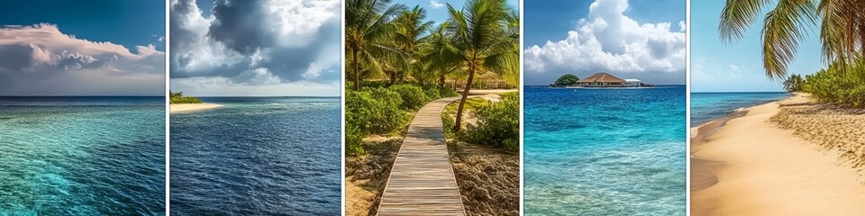 Fototapeta premium Paradise. Tropical Island. Seascape. Beautiful Ocean. Summer Holiday Vacation. Collage