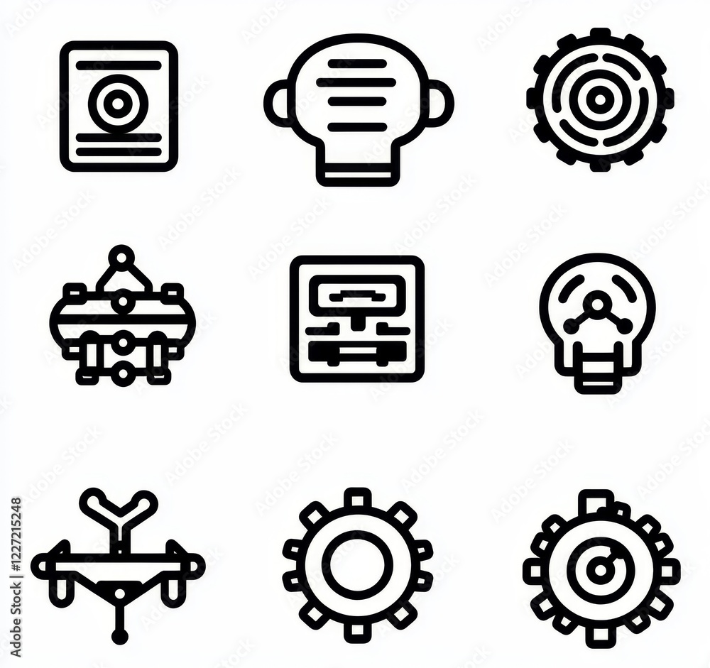 Poster icons related to stocks, machine learning techniques, a smart robot, cloud computing services, probl