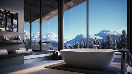 Fototapeta premium Luxurious bathroom with mountain view during winter in a modern home