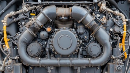 Fototapeta premium Mechanics repair maintenance durability concept. Truck engine with parts labeled for maintenance and durability, under professional inspection, Heavyduty engine care, Educational and detailed repair