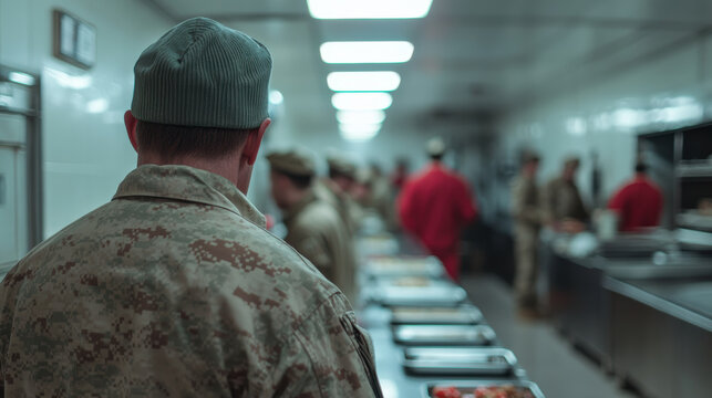 Male soldiers in military kitchen, meal preparation, teamwork, service