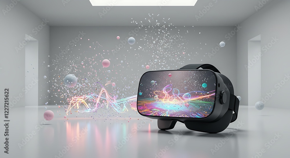 Poster a mockup of a vr headset displaying a surreal dreamscape where users can paint with light in mid-air