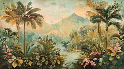 A vibrant tropical haven featuring a flowing river, lush greenery, colorful flowers, palm trees, and majestic mountains under a partly cloudy sky, capturing serene natural beauty.