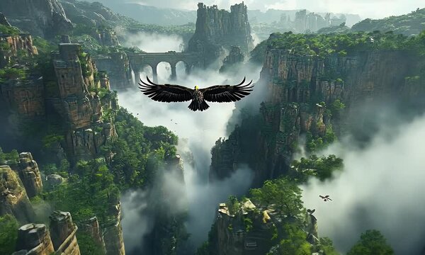 Eagle soaring above misty canyon, ancient bridge