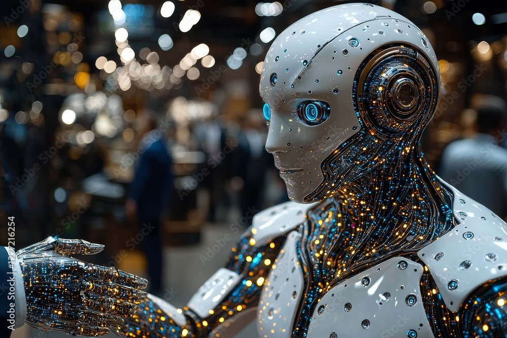 Poster building the future: humans and ai shaking hands. the scene is set against a huge data center