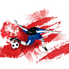 Contemporary art collage. Male soccer player in blue uniform performing acrobatic kick in motion...