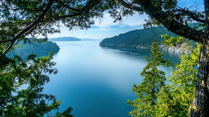 A tranquil lake view from a high vantage point, with trees framing the calm water