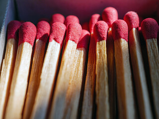 Close-up of matches fire stick in a matchbox, macro, Top view