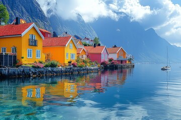 Fototapeta premium The Reine village perfectly mirrored on the fjord's water in the Lofoten Islands, Norway