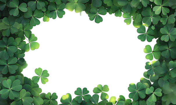 Green clover leaves forming a frame on a transparent background with copy space