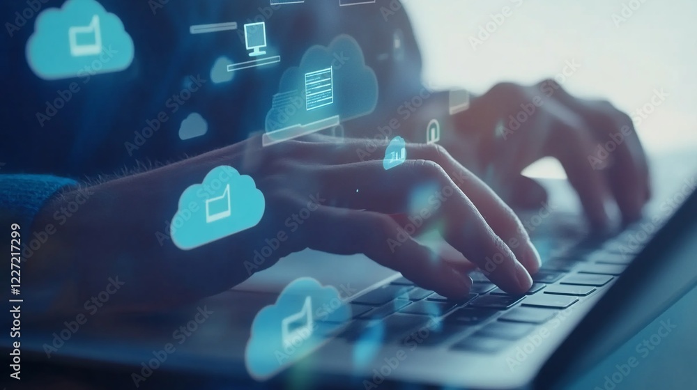 Poster hands typing on laptop with cloud computing icons overlay for digital work