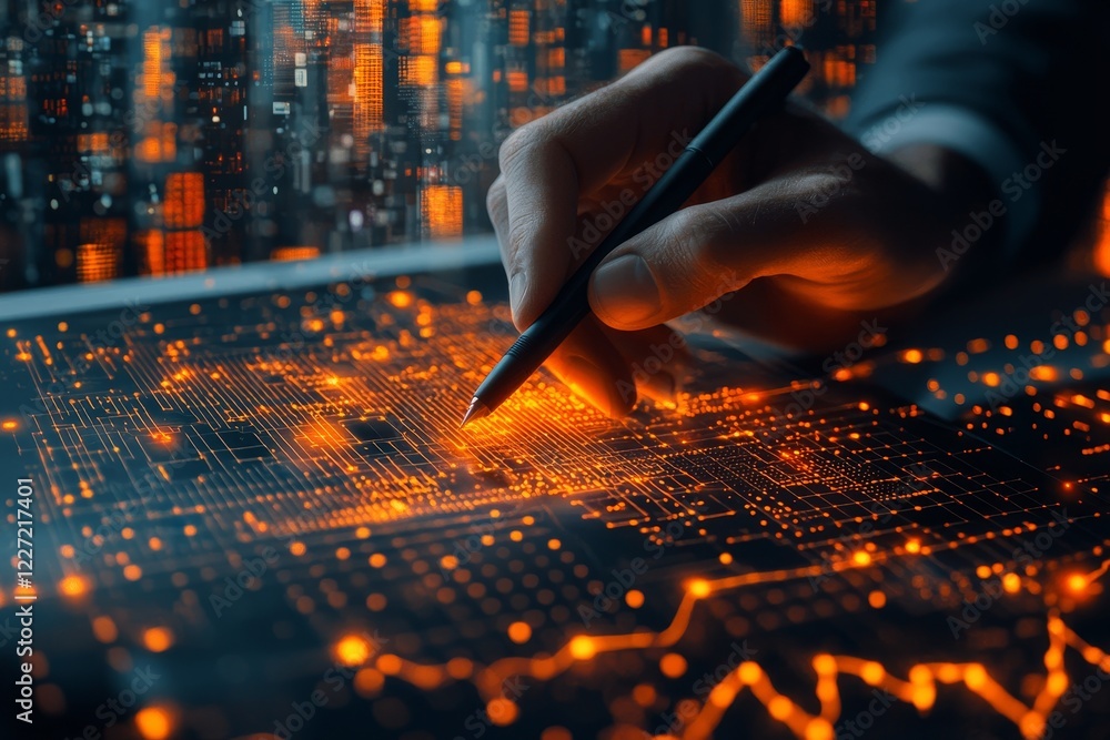 Poster in the realm of future tech, a businessman engages with an intelligent stock through a smartphone an