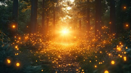 Enchanted Forest Pathway with Glowing Fireflies and Sunset Illumination in a Serene Woodland Setting