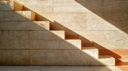 Sunlight illuminates stone stairs against a textured wall, architectural detail, interior design