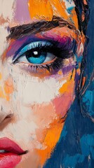 a close up of a woman's face painted in an impressionist style.