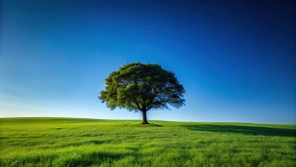 Obraz premium A dark landscape with a solitary tree standing tall against the clear blue sky, its silhouette defined against the vibrant green grass, landscape, grass