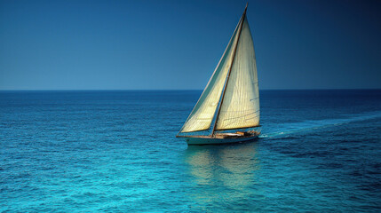 Fototapeta premium Classic sailboat navigating turquoise ocean under clear blue sky, ideal for travel or leisure ads