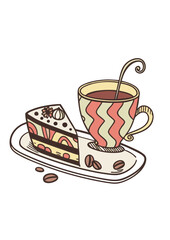Bright stylized hot coffee cup with colorful pattern in retro style. The cup stands on a saucer with decorative elements, and coffee beans are scattered around