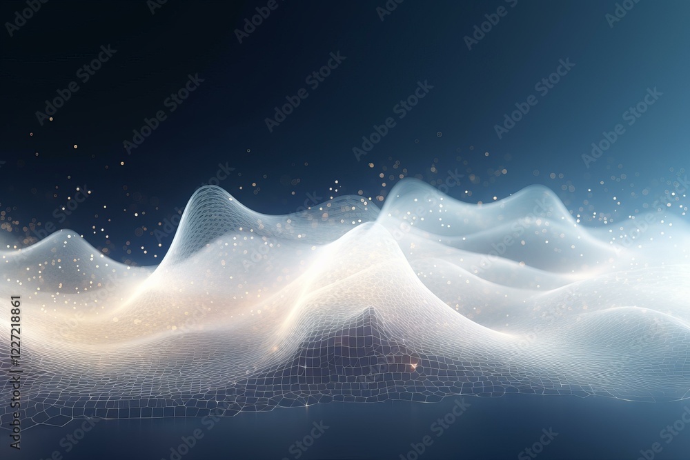 Poster abstract white mesh grid waves are flowing on a dark blue background with sparkling particles