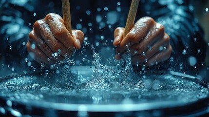 Fototapeta premium Hands playing drumsticks splashing water.