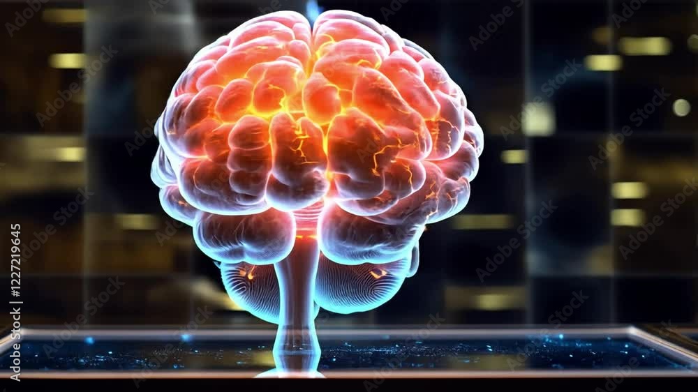 Poster colorful 3d rendering of a brain with glowing neurons in a modern science exhibit