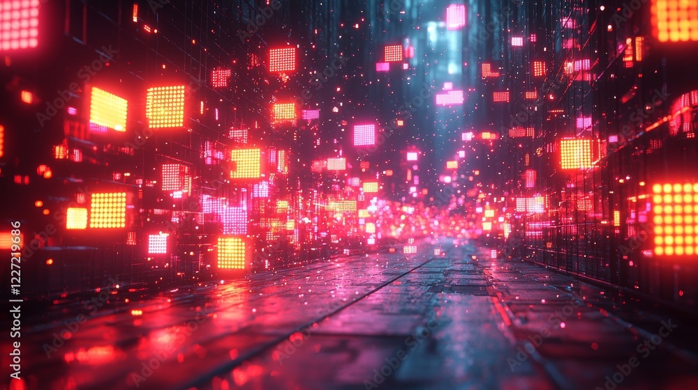 Aufkleber abstract neon lights in a 3d technology setting, with an empty space and spotlight, illuminated in a