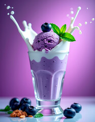 Blueberry ice cream with fresh blueberries, ice cubes, nuts, mint leaves, and splashing milk cream