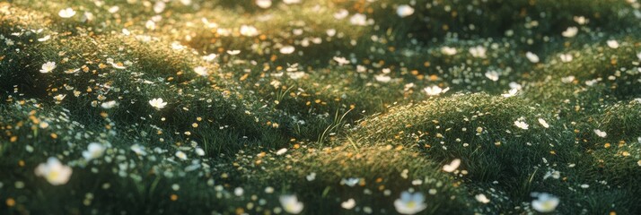 Sunlit meadow with vibrant wildflowers illuminated by gentle morning light