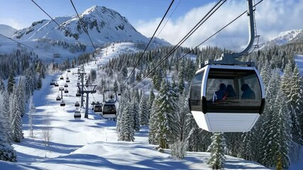Visitors take a cable car through a beautiful winter mountain landscape surrounded by snow and tall trees, enjoying the view
