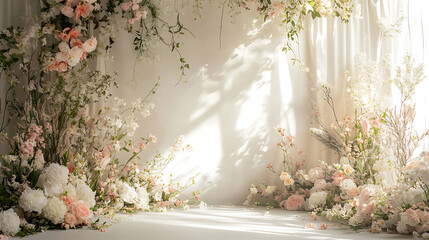 wedding backdrop, photography background with arch of delicate flowers.