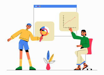 Two Characters Analyzing Business Data In Flat Vector Illustration Symbolizing Market Research, Analytics, And Strategic Planning, Isolated On White Background