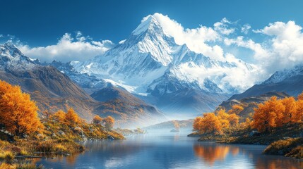 Fototapeta premium Majestic mountain peak reflects in tranquil lake surrounded by autumn trees under a clear blue sky with scattered clouds