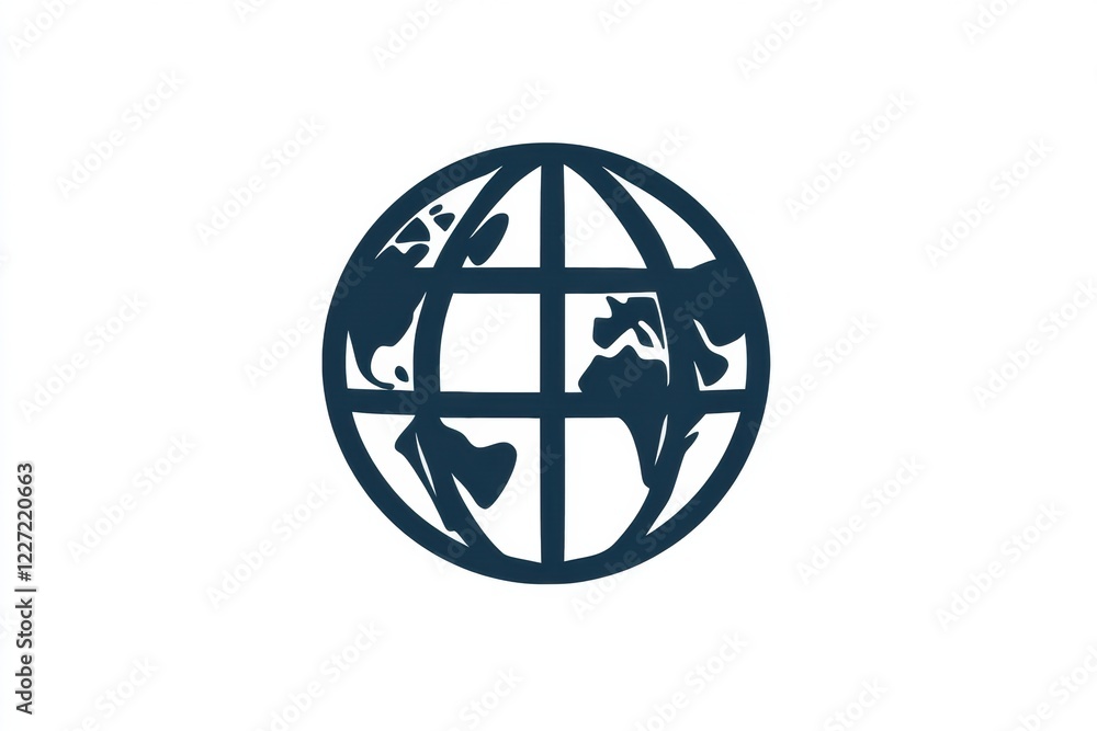 Poster symbolic representation of a globe design with continents visible and grid pattern showing world geo