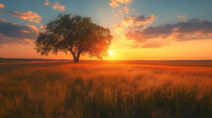 Obraz premium Sunset Serenity: Lone Tree in Golden Meadow