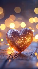 Fototapeta premium Shimmering Heart: Glittery Gold Heart on Twinkling Lights Background.
