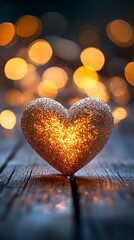 Fototapeta premium A gold heart-shaped ornament on a wooden surface with out-of-focus golden lights in the background.